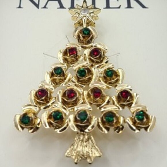 Napier Jewelry - NAPIER Retro Holiday Christmas Tree Gold Red/Green Crystals + a Star Brooch Pin